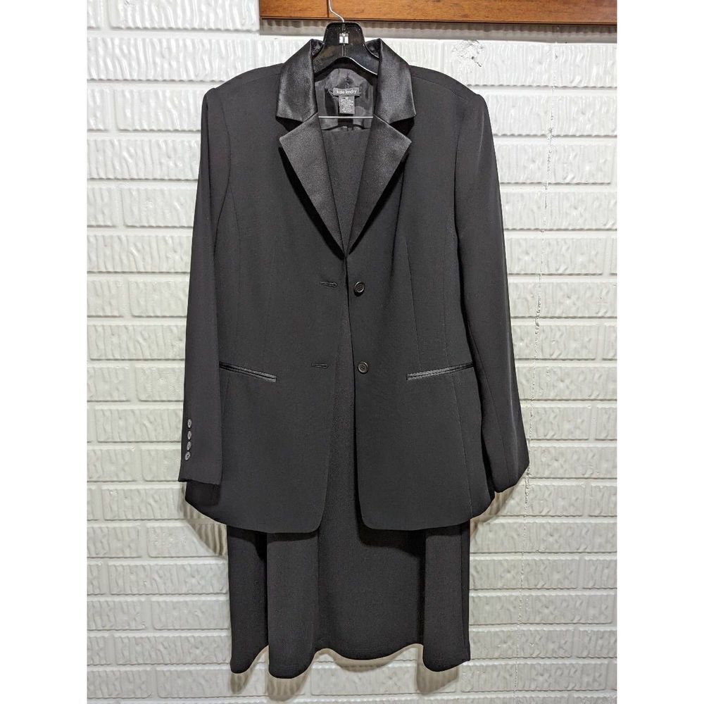 Kate Landry Women's Black 2 Piece Set Satin Trimmed Midi Skirt & Suit Size 12
